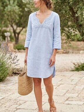 Malvin Dress Germany Baby Blue Linen Large  Crochet-Neck Women's